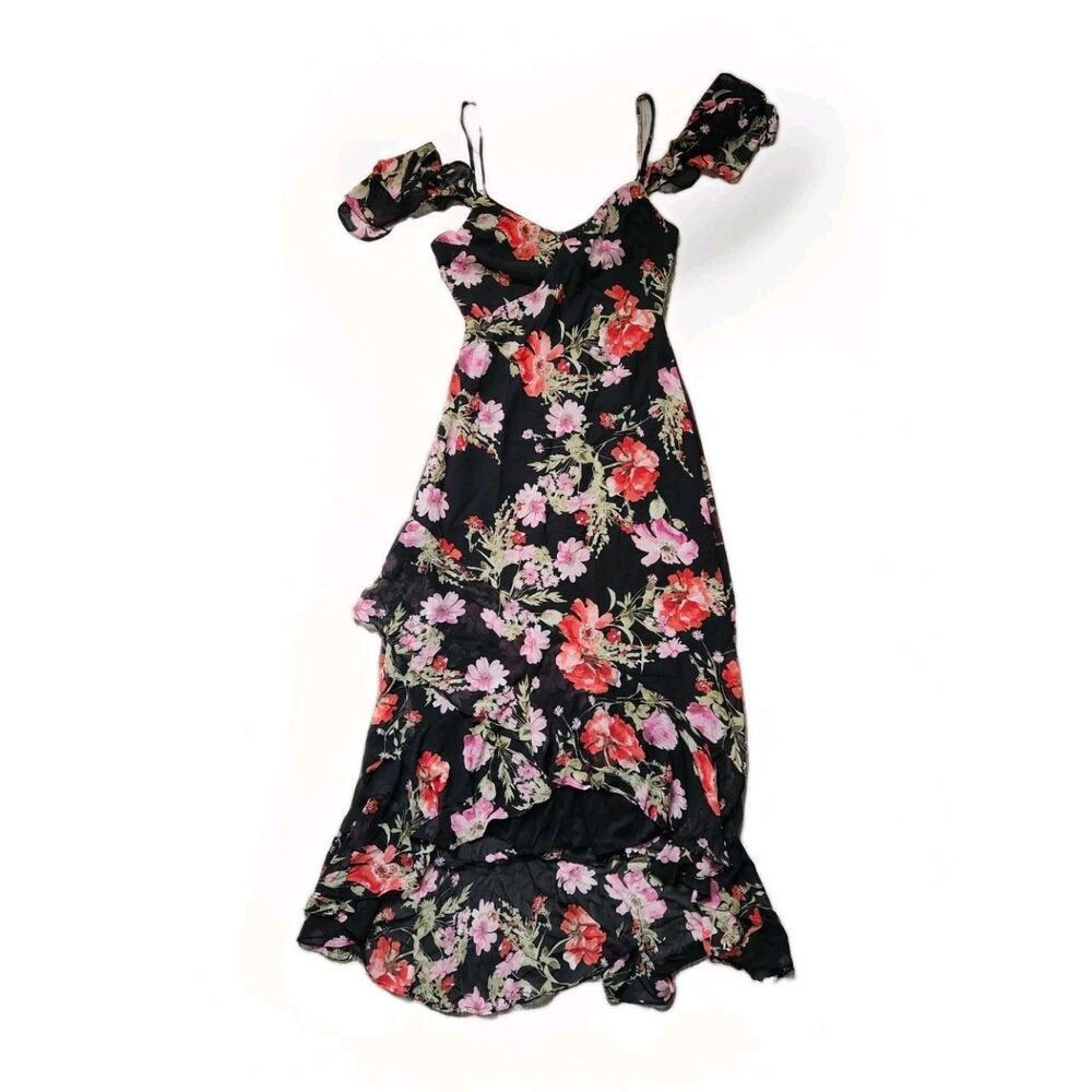 NWT Speechless Black Pink Floral Chiffon Hi Low Maxi Dress Cold Shoulder Sz S
